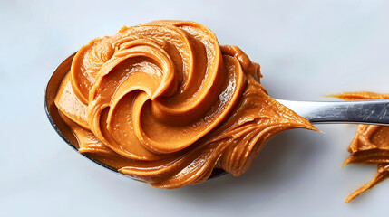 Creamy peanut butter swirled on a shiny metal spoon, vertically oriented, macro food photography, delicious, gourmet, breakfast