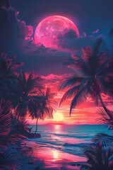 Wall Mural - Illustration of a tropical background with sunset or dawn in neon light in retro style. Palm trees and the sun