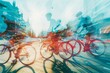 Crowd of cyclists riding bicycles down an urban street. Multiple exposure captures motion blur of healthy lifestyle and eco-friendly transport in the city