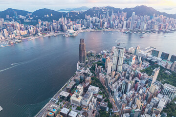 Wall Mural - City landscape of the famous travel landmark, aerial view of Hong Kong, Victoria Harbour