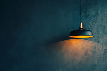 A lamp hangs against a dark wall, casting its light and illuminating the area, with space available for text or presentation.