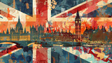Fototapeta Big Ben - Artistic collage of the london skyline with big ben and the union jack in retro style