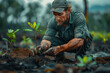 A conservationist planting trees in a deforested area, restoring habitats and combating climate change. Concept of reforestation and environmental activism. Generative Ai.
