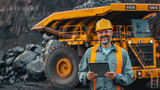 Fototapeta Konie - Miner worker in hard hat use computer tablet for control big yellow mining truck for coal. Concept technologies Open pit mine industry.