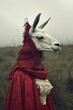 Lady Lama in Red Dress with Ivory Lace Bodice Overlay and Red Shawl Embracing Lama Head
