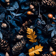 Floral seamless pattern with branches, leaves, acorns, berries, pine cones on a black background.