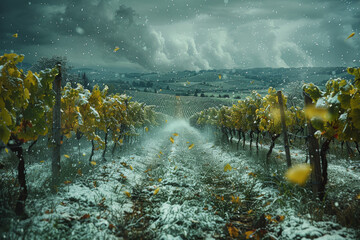 Wall Mural - The confrontation of a hailstorm and a vineyard, showing the collision of damaging hailstones and agricultural landscapes. Concept of adverse weather impact on crops. Generative Ai.