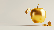 A Golden Apple With Coins Levitating Around It On A Light Background. Copy Space.