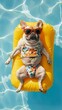 pug sunbathes on a swimming pool