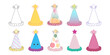 A collection of vibrant party hats adorned with whimsical stars. The hats are arranged in a groups, creating a lively and festive atmosphere