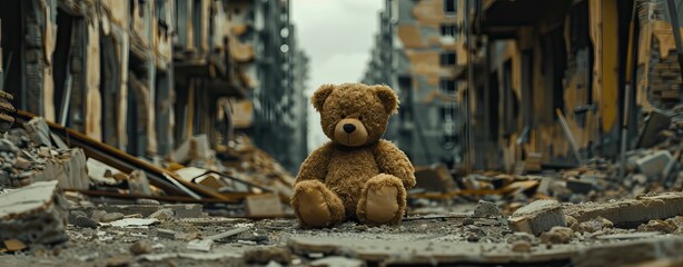 Wall Mural - Teddy bear toy sitting alone on the floor in a room of an old abandoned house. Dramatic scary background, copy space for text, darkness horror concept. AI generated illustration