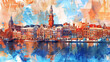 Vibrant artwork blending a classic view of amsterdam with abstract paint splashes