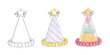 Three colorful birthday hats with star decorations on top are arranged neatly in a row, ready for a festive celebration