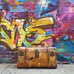 Luggage in front of graffiti wall