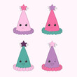 A set of four colorful party hats, each adorned with a unique facial expression. These hats showcase different emotions and personalities, adding a playful touch to any celebration