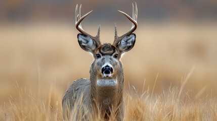 Wall Mural - a deceamally close-up of a deer with antlers atop its head, poised in a field of towering grass