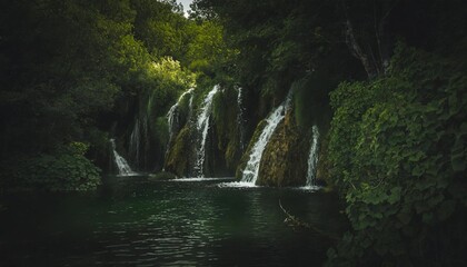 Wall Mural - water falls over greenery into small ponds croatia