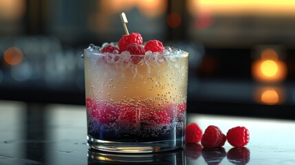 Sticker -   A tight shot of a glass containing a drink on a table Raspberries are prominently displayed in the foreground, while the background is softly blurred