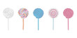 A row of colorful lollipops are arranged on top of each other, creating a vertical stack. The candies vary in flavor and are displayed in a neat and orderly fashion