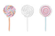 Three colorful lollipops are neatly lined up in a straight row, creating a visually appealing pattern. Each lollipop features a different flavor and unique swirl design on its round candy surface