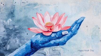  Vesak Day Greeting with Lotus and Hand. Artistic Vesak Day greeting card featuring a hand delicately holding a lotus flower against a splattered watercolor backdrop, symbolizing purity and rebirth