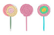 Three lollipops of varying colors red, blue, and green on a clean white background. Each lollipop features a swirl design and is evenly spaced apart