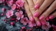 Womans Hands With Pink Nail Polish and Pink Flowers