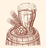 Fototapeta Młodzieżowe - Glass of beer on wooden barrel. Brewery, beer pub concept. Hand drawn sketch vector illustration