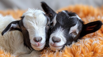 Sticker -   A couple of goats lie next to each other on a bed covered in fluffy orange blankets