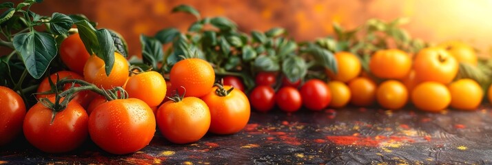 Ripe red and yellow tomatoes with fresh basil on a dark textured background with warm sunlight. Panoramic composition for culinary themes. Design for recipe book, food blog, or banner with copy space.