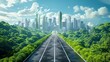 © Bijac - futuristic green sustainable highway stretching towards a modern city skyline vibrant 3d illustration background
