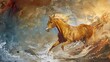 ethereal oil painting of a golden horse galloping through an abstract landscape