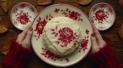   A person holds a plate with a cake, adjacent are two plates adorned with leaves Another cake sits on a separate plate