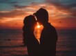© milanchikov - World Kiss Day,  In a serene sunset backdrop, a couple shares a tender embrace, captured in a timeless silhouette.