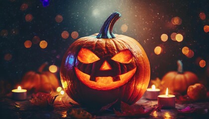 conceptual wallpaper for halloween with a pumpkin with a glowing face with a sinister look and nightly holiday atmosfere generative ai