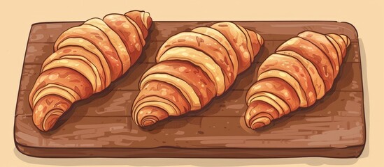 Wall Mural - Croissants placed on a wooden cutting board with a sharp knife ready to slice, perfect for breakfast or a snack