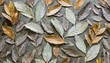 a close up of a wall with a bunch of different shapes and sizes of leaves on it s surface