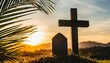 palm sunday concept silhouette cross and empty tombstone with palm leaves over meadow sunset background