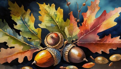 Wall Mural - watercolor acorns and fall leaves
