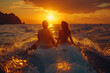 A couple embarking on a sunset cruise, sailing along the coastline and basking in the beauty of the evening. Concept of romance and adventure. Generative Ai.