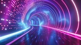 Fototapeta Przestrzenne - futuristic 3d neon tunnel with glowing lines and floating particles abstract technology background illustration