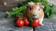 Hamster Eating Tomatoes on Wooden Table