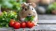 Hamster Eating Tomatoes on Wooden Table