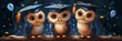 Three cute owls in graduation caps on background of confetti and balloons, cartoon illustration