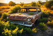 Abandoned and rusty blue antique car with vegetation covering the sheet metal in a desolate landscape with evening light.
