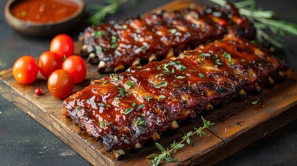 Wall Mural -   A wooden cutting board holds ribs, smothered in BBQ sauce, garnished with fresh herbs and tomatoes