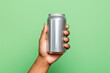 Aluminium empty blank can in hand, as beverage and recycle concept