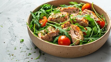 Sticker - Fish diet salad with tuna, tomatoes, arugula on light background. Healthy vegetarian lunch. Concept eco restaurant delivery, environment protection. Take away food in brown paper craft plate.