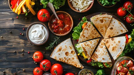 Wall Mural - Quesadilla sliced with vegetables and sauces on the table. horizontal view from above