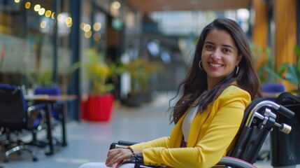 Smiling young woman in wheelchair in business company for inclusion concept